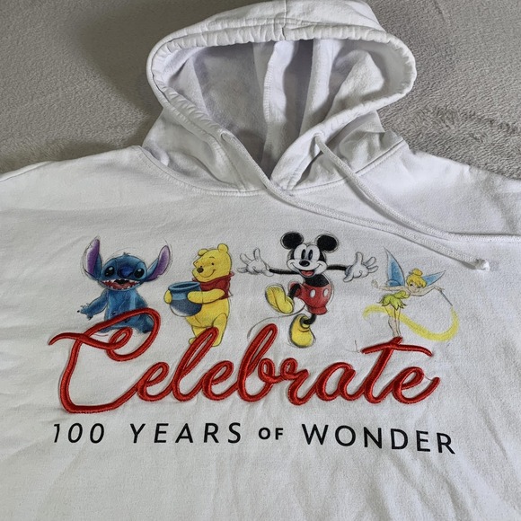 Disney Tops - Disney Hoodie Women 3XL White 100 Years Of Wonder Mickey Pooh Stitch Tinker Bell
